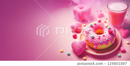 Sweet crochet style pink donut, close-up shot, blurred hearts, pink fog background, slightly partially glazed, banner. Ideal for pastry shops, social media ads, food bloggers, confectionery branding Sweet crochet style pink donut, close-up shot, blurred hearts, pink fog background, slightly partially glazed, banner. Ideal for pastry shops, social media ads, food bloggers, confectionery branding 129801897