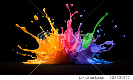 Vibrant multicolored paint splashes on black background 129801922