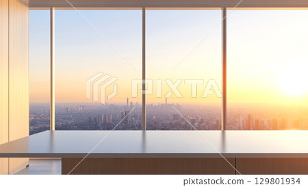 Sunset cityscape view from modern high rise office with large glass windows 129801934