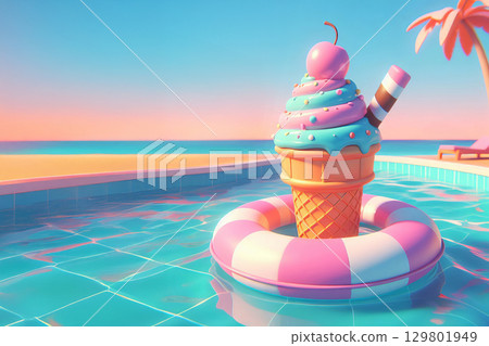 Surreal giant ice cream cone with colorful swirls on pink and white lifebuoy in swimming pool. Tropical summer dessert and vacation theme. 3D digital art with copy space for design and advertising 129801949