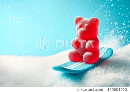 Red gummy bear covered in frost riding a blue snowboard on a snowy surface with falling snowflakes. Winter sports and candy concept. Close-up composition with copy space 129801950