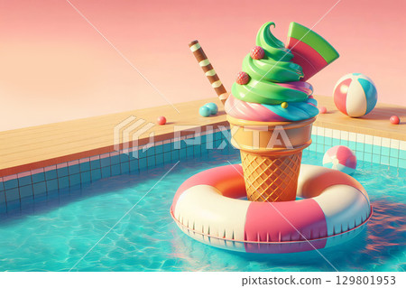 Giant ice cream cone with colorful swirls floating on a pink and white lifebuoy in a swimming pool surrounded by beach balls. Summer dessert and vacation concept. 3D illustration with copy space 129801953