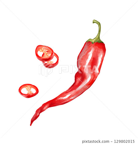 Hand-drawn illustration of a whole red chili pepper accompanied by slices Hand-drawn illustration of a whole red chili pepper accompanied by slices 129802015