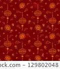 Seamless Chinese Festival Pattern with Yellow Gold Line Art Lanterns, Peony Flowers, Clouds, and Calligraphy on Red Background. Perfect for Lunar New Year, Mid Autumn Festival, and Asian decoration 129802048