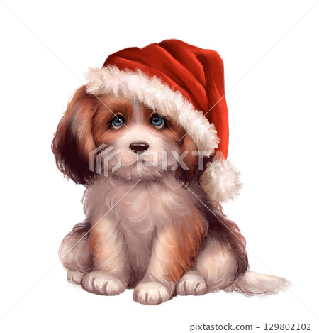 Hand-drawn watercolor illustration of a cute fluffy puppy wearing a red Santa Claus hat with white fur trim 129802102