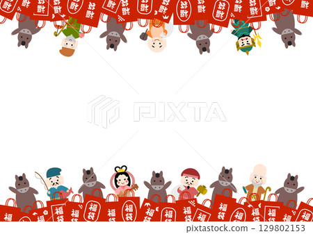 Frame illustration of a row of lucky bags, the Seven Lucky Gods, and horses 129802153