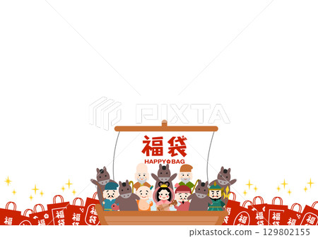 The Seven Lucky Gods and a horse riding a treasure ship surrounded by lucky bags 129802155
