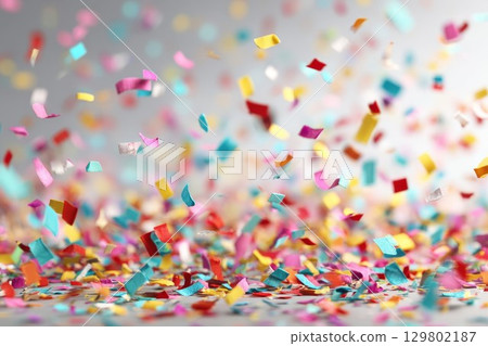 Colorful confetti falling on light background. Perfect for party decor or festive cards, this joyful scene shines. 129802187