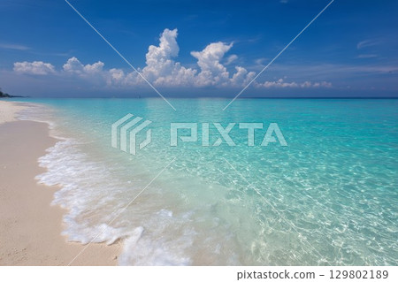 Tropical beach featuring crystal clear water and sandy shore, lined with palm trees and elegant houses under sunny skies. Tropical beach featuring crystal clear water and sandy shore, lined with palm trees and elegant houses under sunny skies. 129802189