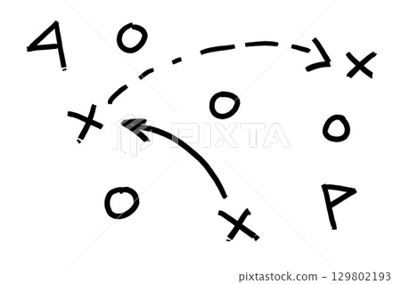 Sport map with directional indicators. Coaching aid for soccer playbook visualization or youth sports education. Game plan with arrow 129802193