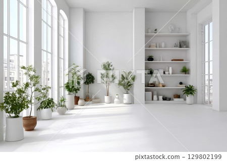 Spacious room with greenery in pots by large windows. White walls and beams create airy feel. Great for modern home or workspace design. Spacious room with greenery in pots by large windows. White walls and beams create airy feel. Great for modern home or workspace design. 129802199