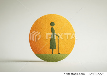 Female golfer silhouette at sunset on round orange and green icon 129802225
