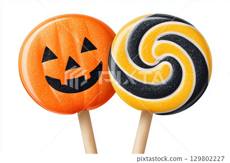 Two halloween lollipops showing a jack o' lantern and swirl design on white background 129802227