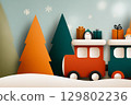 Christmas train carrying penguins and gifts through snowy landscape 129802236