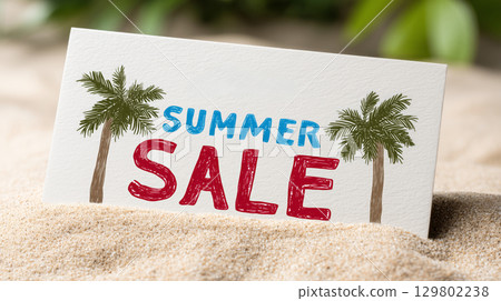 Summer sale sign with palm trees on a sandy beach 129802238