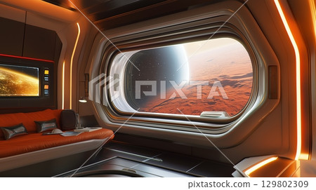 Futuristic space habitat with a stunning view of Earth during sunset from a sleek interior 129802309