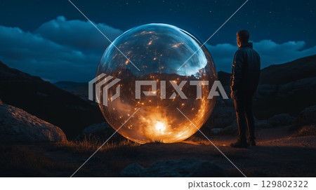 Mysterious glowing sphere captivates an observer in a dark mountainous landscape at twilight 129802322