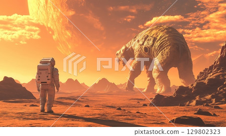 Astronaut encounters a giant creature on an alien planet during sunset 129802323