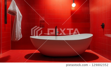 Modern white freestanding bathtub in contemporary red bathroom 129802352