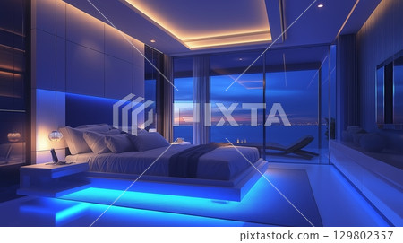 Cozy bedroom with stunning ocean view and moonlight illuminating the serene atmosphere at night Cozy bedroom with stunning ocean view and moonlight illuminating the serene atmosphere at night 129802357