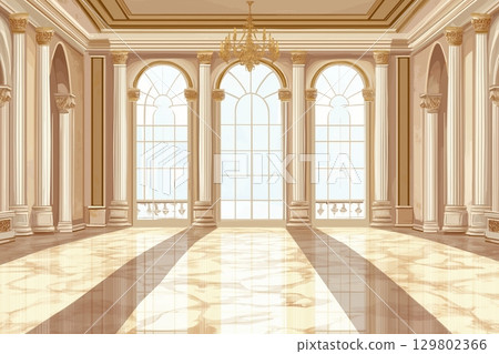 Grand hall with large windows in palace or castle, surrounded by lush greenery 129802366