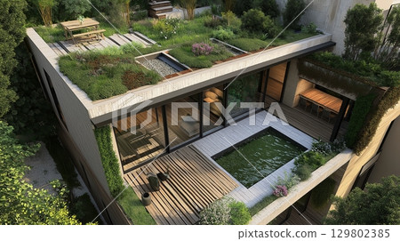 Urban rooftop garden with modern design, seating area in a serene city setting 129802385