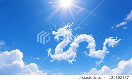 藍天陽光下舞動的雲朵龍的插畫（龍神） 129802387
