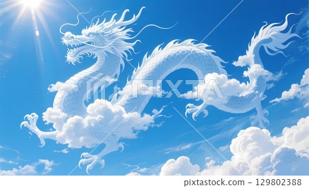 天空陽光下舞動的雲彩構成的龍（龍神）的精神插圖 129802388