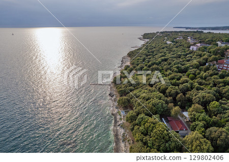 Aerial drone view of resort Lanterna peninsula. Istria, Croatia. Aerial drone view of resort Lanterna peninsula. Istria, Croatia. 129802406