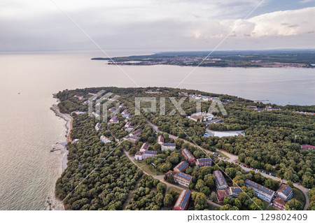 Aerial drone view of resort Lanterna peninsula. Istria, Croatia. Aerial drone view of resort Lanterna peninsula. Istria, Croatia. 129802409