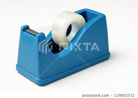 Blue plastic tape dispenser holding transparent adhesive roll isolated white background office supply concept with clean design and smooth surface Blue plastic tape dispenser holding transparent adhesive roll isolated white background office supply concept with clean design and smooth surface 129802552