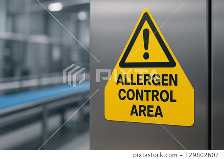 Allergen control area warning sign on metallic surface with blurred industrial conveyor belt background showing hygiene safety alert 129802602