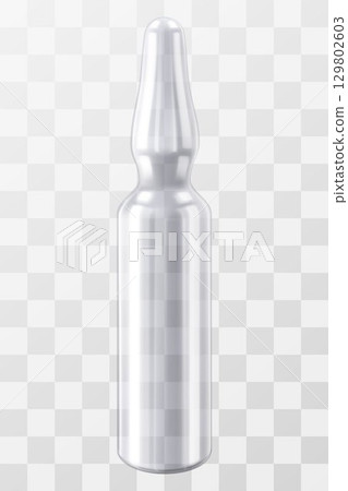 Transparent medical ampoule on transparent background. Glass capsule container liquid injection, 3d vector realistic illustration. Vaccine packing, virus antibody, pharmaceutical container packaging. 129802603