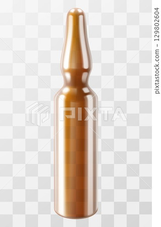 Glass brown medical ampoule on transparent background. Blank capsule container liquid injection, 3d vector realistic illustration. Vaccine packing, virus antibody, pharmaceutical container packaging. 129802604