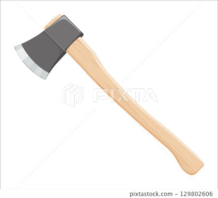 Axe isolated on white background. ax for chopping wood with steel blade attached at a right angle to a wooden handle. Metal woodcutter with handle made of wood. Vector illustration, Flat design. 129802606