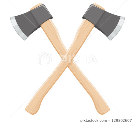 Crossed axe isolated on white background. ax for chopping wood with steel blade attached at a right angle to a wooden handle. Metal woodcutter with wooden handle. Vector illustration, Flat design. 129802607