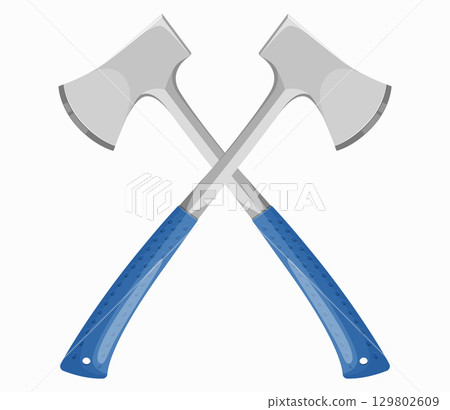 Crossed camping ax isolated on a white background. Vector illustration of an axe in a flat style. Tool for working on wood. Carpenter's Symbol 129802609