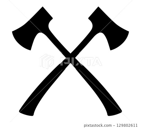 Crossed axes vector icon. Camping axe vector icon. Black silhouette hatchet on isolated white background. Lumberjack Axe Silhouette. Flat design. 129802611