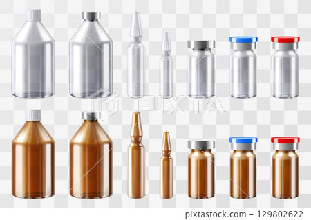 Medical Bottles and ampoules, mockup. Glass Pharmacy Vials for injections. Drug Vial Blank isolated. Vitamin Jar Template with Screw Lid Design. Essential Aromatic Oil Container. Realistic 3d vector 129802622