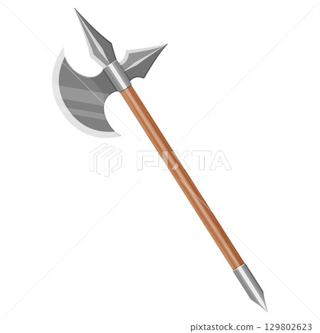 Medieval axe isolated on white background. Illustration of a fantasy of weapon. Fighting axe of the Viking. Warrior poleaxe. Weapon of the Celtic solder. Vector realistic flat design 129802623