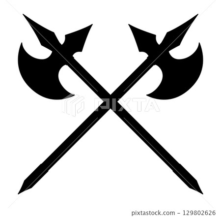Crossed Medieval axes vector icon. Black silhouette battle axe isolated on white background. Fighting axe of the Viking. Flat design. 129802626