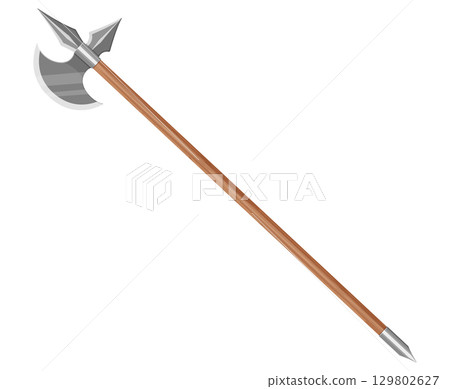 Viking Battle Axe with long handle. Medieval axe isolated on white background. Illustration of a fantasy of weapon. Fighting axe of the Viking. Warrior poleaxe. Vector realistic flat design Viking Battle Axe with long handle. Medieval axe isolated on white background. Illustration of a fantasy of weapon. Fighting axe of the Viking. Warrior poleaxe. Vector realistic flat design 129802627