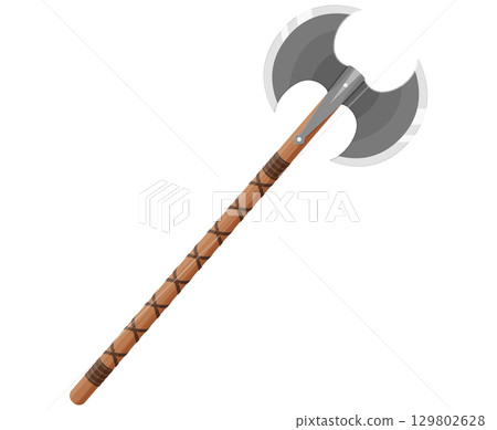 Double edged Viking medieval axe. Two blade battle axe with long wooden handle isolated on white background. Medieval cold weapon. Flat design, Vector illustration. 129802628