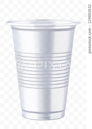 Disposable plastic cup isolated on transparent background. Transparent glossy cup for cold drinks such as soda, sparkling water, soft and alcoholic drinks, beer. Mock up 129802632