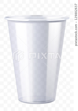 Disposable plastic cup isolated on transparent background. Transparent glossy cup for cold drinks such as soda, sparkling water, soft and alcoholic drinks, beer. Mock up 129802637