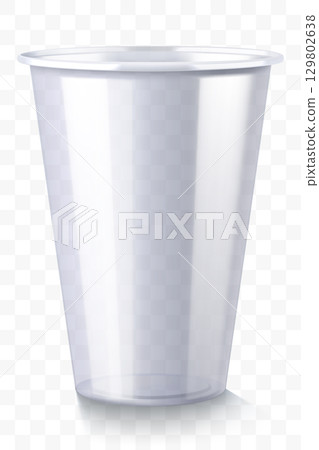 Disposable plastic cup isolated on transparent background. Transparent glossy cup for cold drinks such as soda, sparkling water, soft and alcoholic drinks, beer. Mock up Disposable plastic cup isolated on transparent background. Transparent glossy cup for cold drinks such as soda, sparkling water, soft and alcoholic drinks, beer. Mock up 129802638