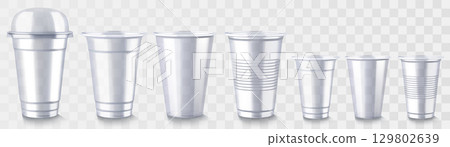 Set of disposable plastic cup with sphere dome lid isolated on transparent background. Transparent glossy cup for cold drinks such as soda, sparkling water, soft and alcoholic drinks, beer Set of disposable plastic cup with sphere dome lid isolated on transparent background. Transparent glossy cup for cold drinks such as soda, sparkling water, soft and alcoholic drinks, beer 129802639