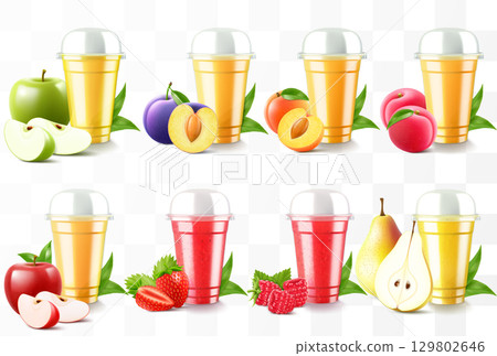 Set of clear plastic cups with juice or smoothie. Cup with sphere dome cap for milkshake, lemonade. Fruity organic shake with different exotic fruits. Fruit cocktail. Realistic 3d vector template Set of clear plastic cups with juice or smoothie. Cup with sphere dome cap for milkshake, lemonade. Fruity organic shake with different exotic fruits. Fruit cocktail. Realistic 3d vector template 129802646