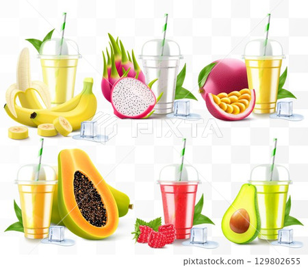 Set of clear plastic cups with juice or smoothie. Cup with sphere dome cap for milkshake, lemonade. Fruity organic shake with different exotic fruits. Fruit cocktail. Realistic 3d vector template Set of clear plastic cups with juice or smoothie. Cup with sphere dome cap for milkshake, lemonade. Fruity organic shake with different exotic fruits. Fruit cocktail. Realistic 3d vector template 129802655