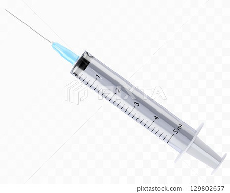 Syringe medical icon isolated on white background, hospital injection equipment. Vaccine sign, pharmacy healthcare treatment, plastic tool with needle. syringe 5 ml. 3D realistic vector illustration Syringe medical icon isolated on white background, hospital injection equipment. Vaccine sign, pharmacy healthcare treatment, plastic tool with needle. syringe 5 ml. 3D realistic vector illustration 129802657